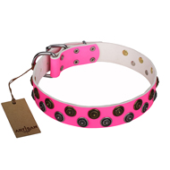 "Glamour Finery" FDT Artisan Female Cane Corso collar of leather with stylish old-looking circles - 1 1/2 inch (40 mm) wide "Glamour Finery" FDT Artisan Female Cane Corso collar of leather with stylish old-looking circles - 1 1/2 inch (40 mm) wide