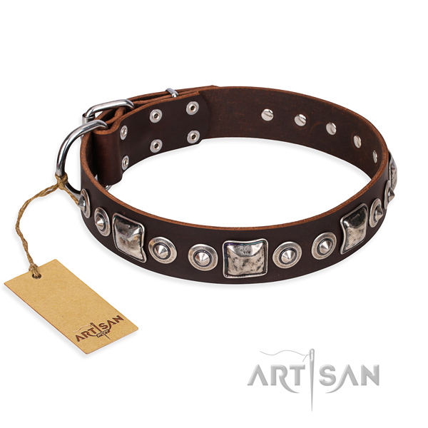 Full grain genuine leather dog collar made of flexible material with rust-proof traditional buckle
