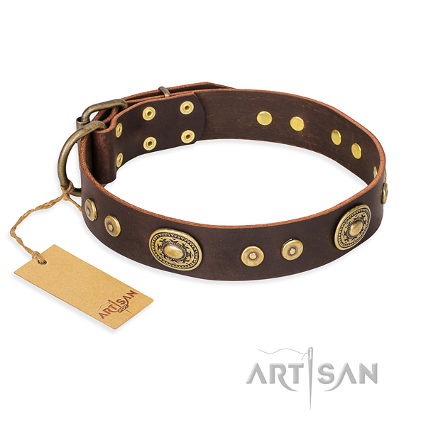 Natural genuine leather dog collar made of quality material with reliable traditional buckle