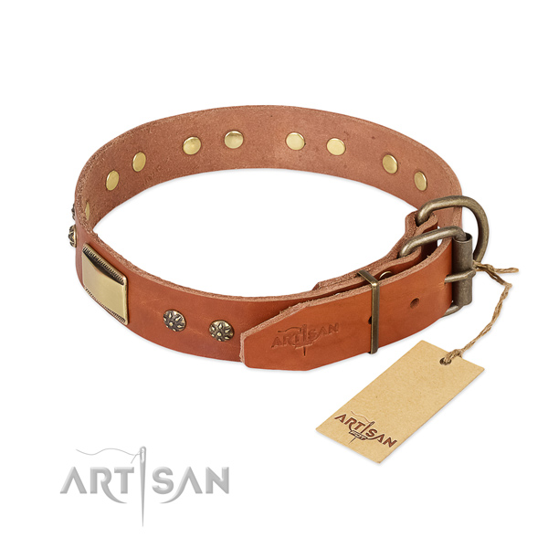 Natural genuine leather dog collar with durable hardware and studs