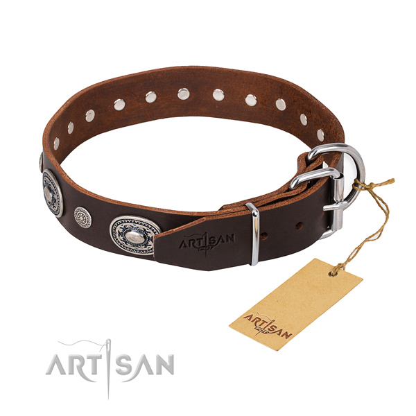 High quality full grain natural leather dog collar handcrafted for walking