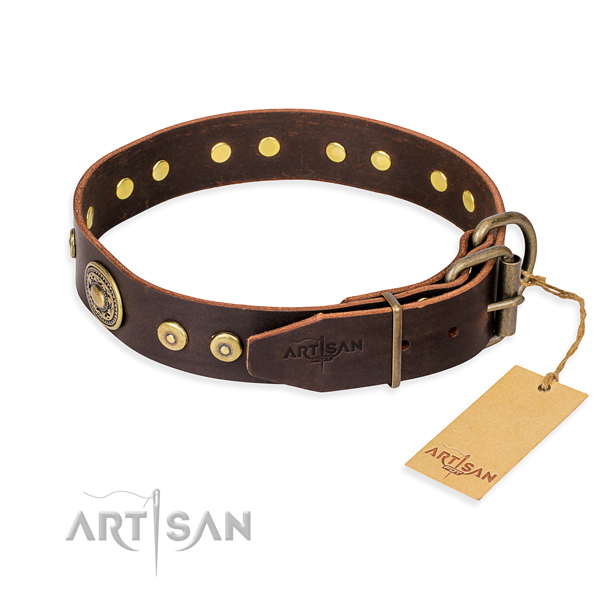 Full grain natural leather dog collar made of top notch material with rust-proof embellishments