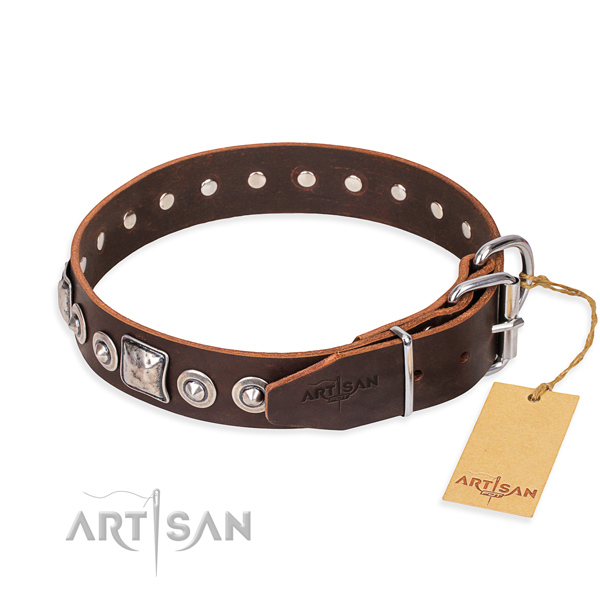 Genuine leather dog collar made of reliable material with durable studs