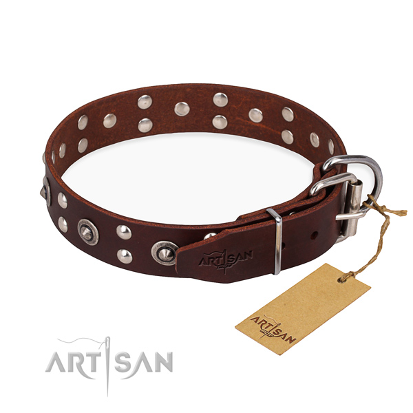 Rust resistant D-ring on genuine leather collar for your stylish dog