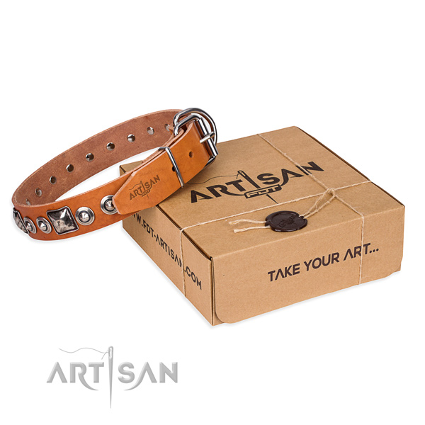 Natural genuine leather dog collar made of top notch material with rust resistant D-ring