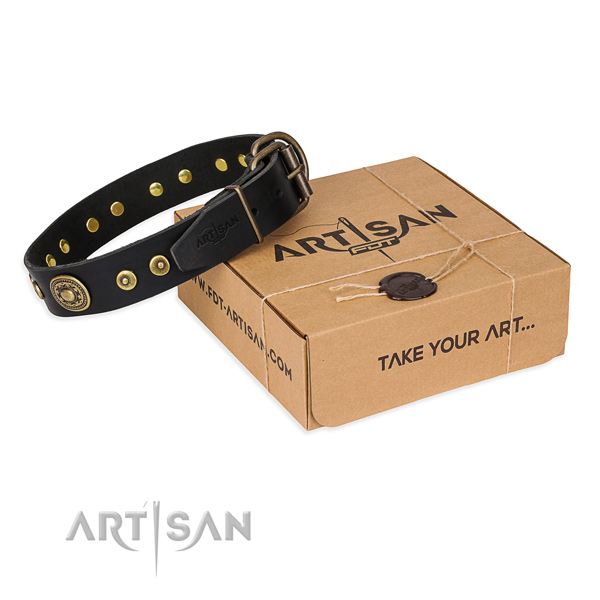 Genuine leather dog collar made of reliable material with corrosion resistant hardware