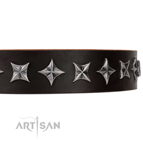 Everyday use embellished dog collar of reliable genuine leather
