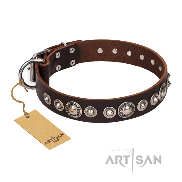 Leather dog collar made of soft material with corrosion resistant adornments