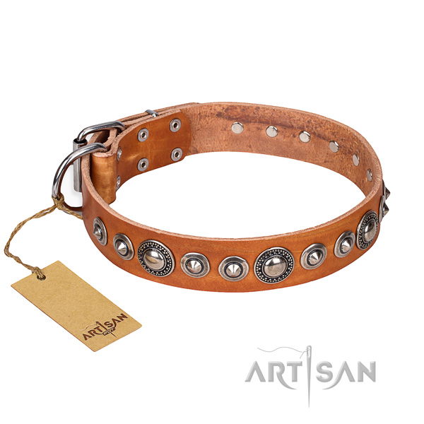 Leather dog collar made of flexible material with rust-proof buckle
