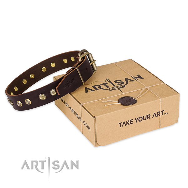 Corrosion resistant buckle on natural genuine leather collar for your impressive pet