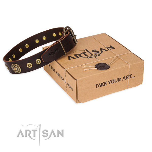 Full grain natural leather dog collar made of top notch material with corrosion proof hardware
