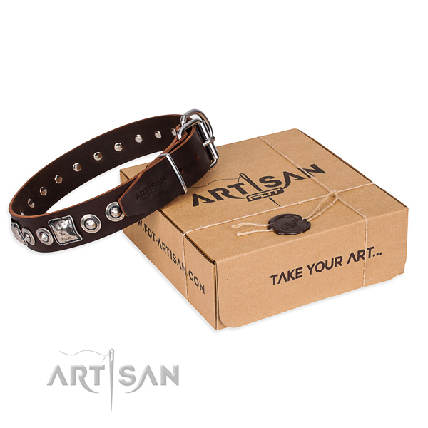 Natural genuine leather dog collar made of top notch material with corrosion resistant fittings