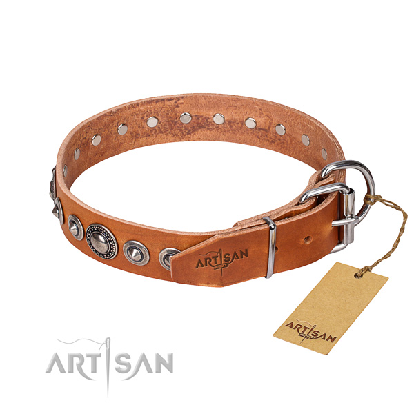 Natural genuine leather dog collar made of top notch material with rust-proof adornments
