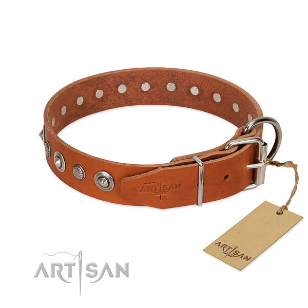 Reliable full grain genuine leather dog collar with stylish adornments
