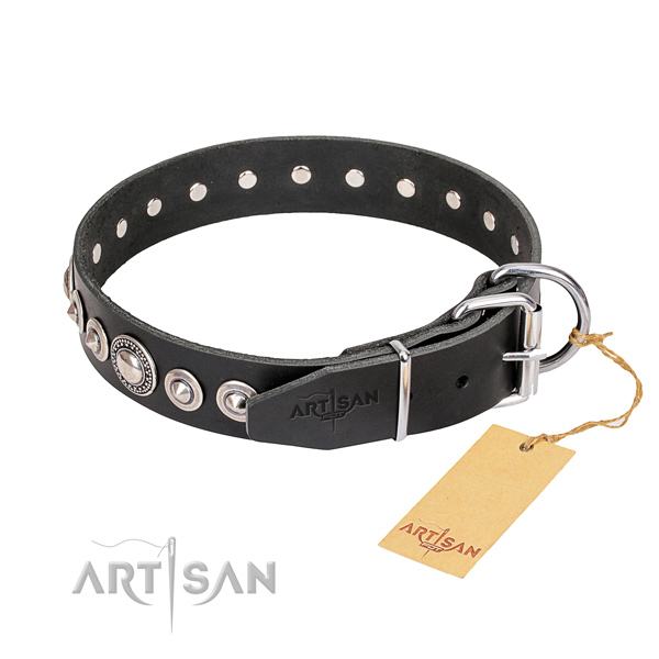 Durable adorned dog collar of genuine leather
