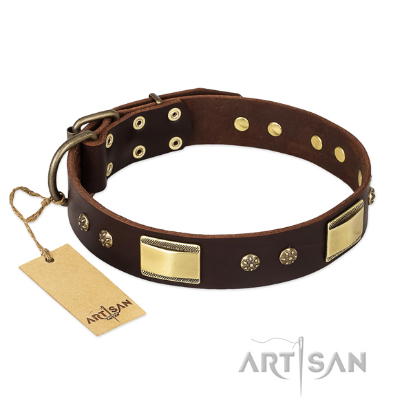 Leather dog collar with corrosion proof buckle and studs