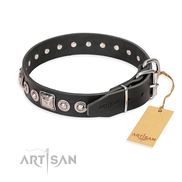 Full grain genuine leather dog collar made of quality material with strong studs