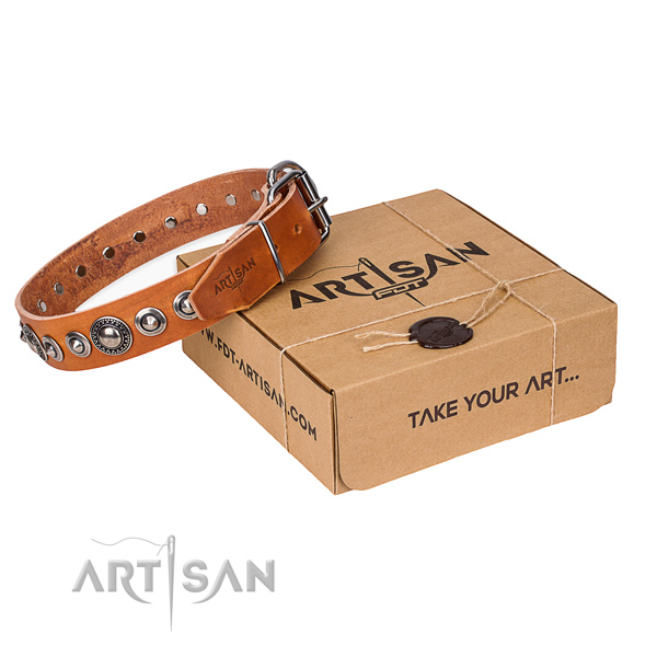 Full grain natural leather dog collar made of high quality material with corrosion proof D-ring