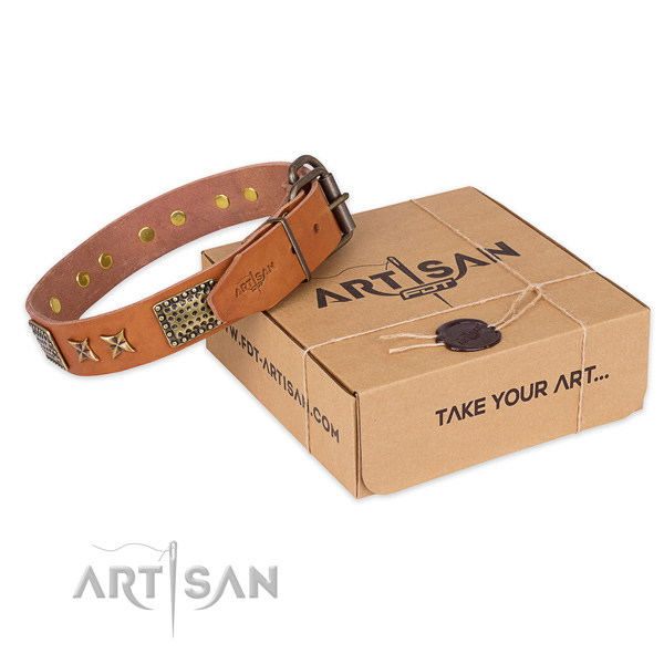 Corrosion proof buckle on natural genuine leather collar for your handsome doggie