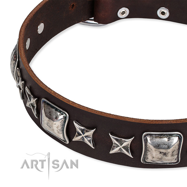 Genuine leather dog collar with decorations for easy wearing