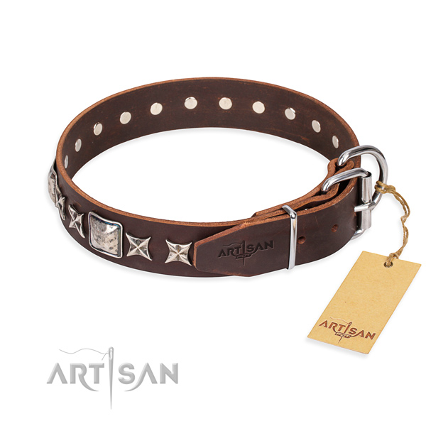Everyday use genuine leather collar with decorations for your canine