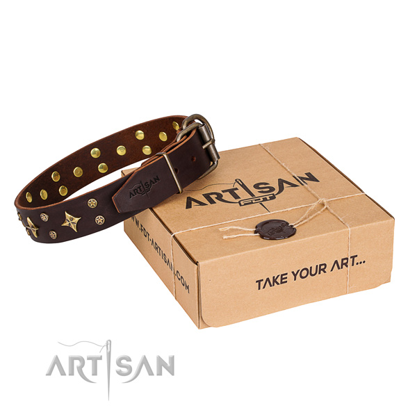 Decorated genuine leather dog collar for easy wearing