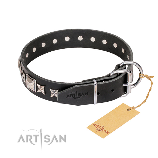 Handy use full grain leather collar with adornments for your doggie