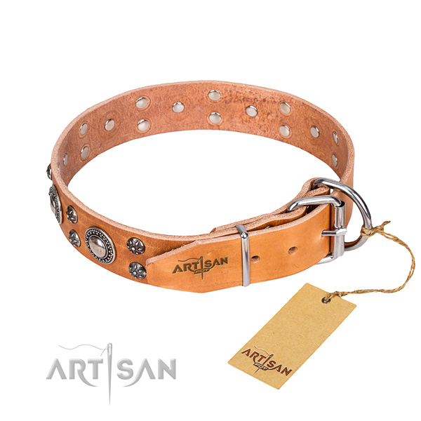 Handy use natural genuine leather collar with decorations for your pet