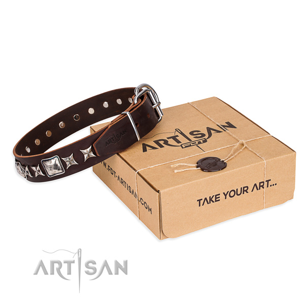 Decorated genuine leather dog collar for comfy wearing