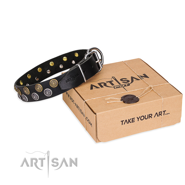 Natural genuine leather dog collar with studs for walking