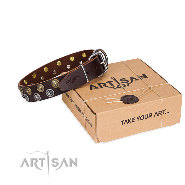 Full grain genuine leather dog collar with adornments for handy use