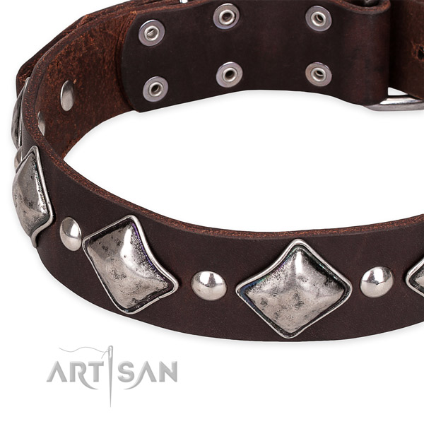 Adjustable leather dog collar with almost unbreakable chrome plated buckle