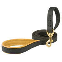 Leather dog leash with support material on the handle-High quality leather stitched dog leash brass snap hook