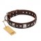 'Perfect Impression' FDT Artisan Cane Corso Brown Leather Dog Collar with Silvery Square Studs - 1 1/2 inch (40 mm) Wide