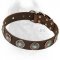 Classy Leather Dog Collar with Silver Plated Circles and Blue Stones in Their Center