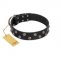"Power-Flower" FDT Artisan Black Leather Cane Corso Collar with Two Rows of Silver-like Studs with Engraved Flowers