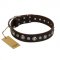 "Gorgeous Shields" FDT Artisan Brown Leather Cane Corso Collar with Old Silver-like Circles and Small Camomiles