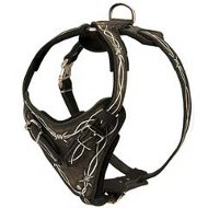 Unique Barbwire Painted Leather Dog Harness-Padded Fur Saver Cane Corso Harness