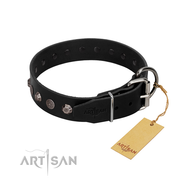 Corrosion resistant D-ring on genuine leather dog collar for daily walking