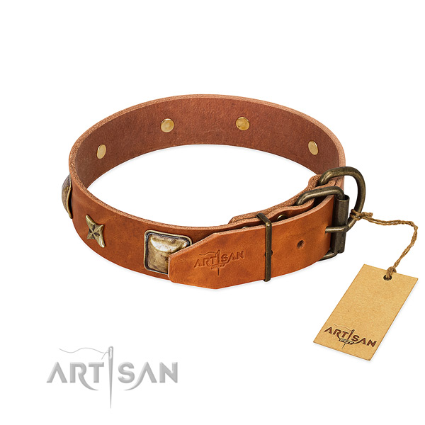 Leather dog collar with rust resistant traditional buckle and studs