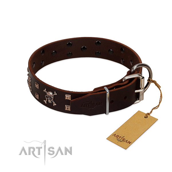 Daily use top rate full grain genuine leather dog collar with adornments