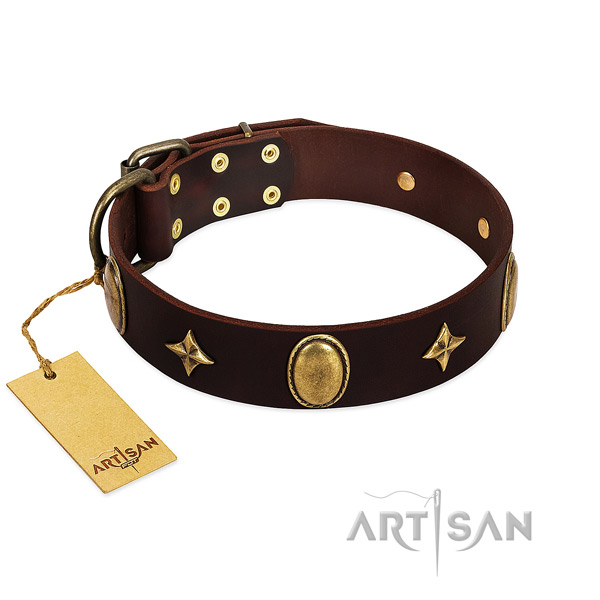 Flexible genuine leather dog collar with corrosion resistant adornments