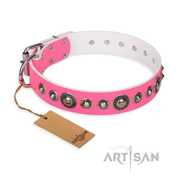 Full grain genuine leather dog collar made of soft to touch material with corrosion resistant D-ring