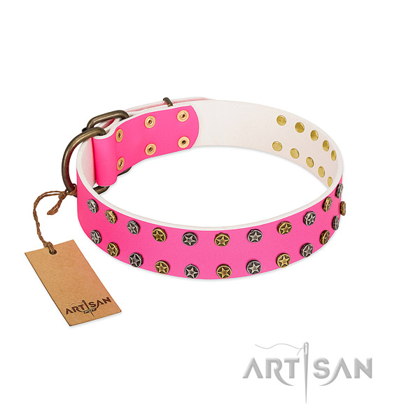 Quality full grain leather collar with decorations for your dog