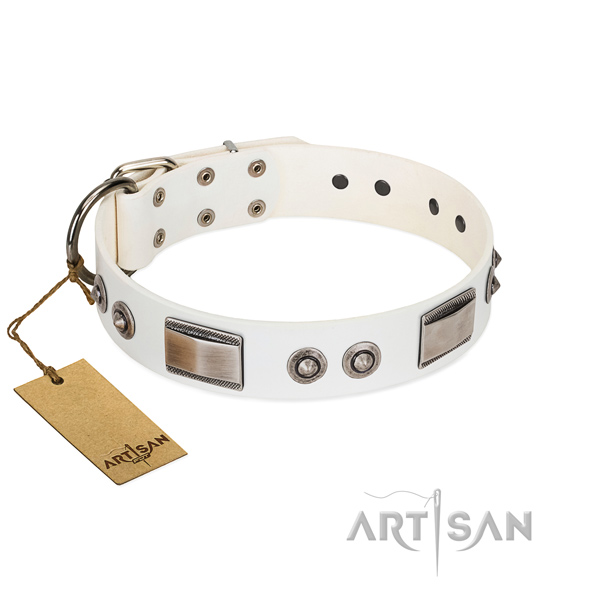 Adjustable dog collar of full grain natural leather with embellishments