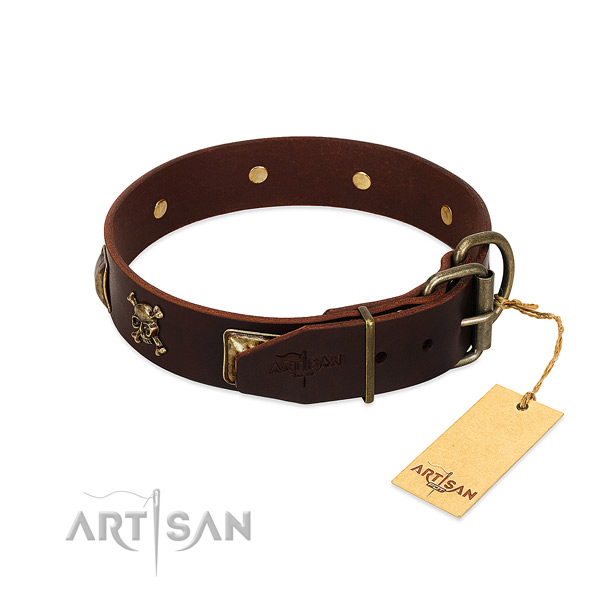 Flexible full grain leather dog collar with extraordinary adornments