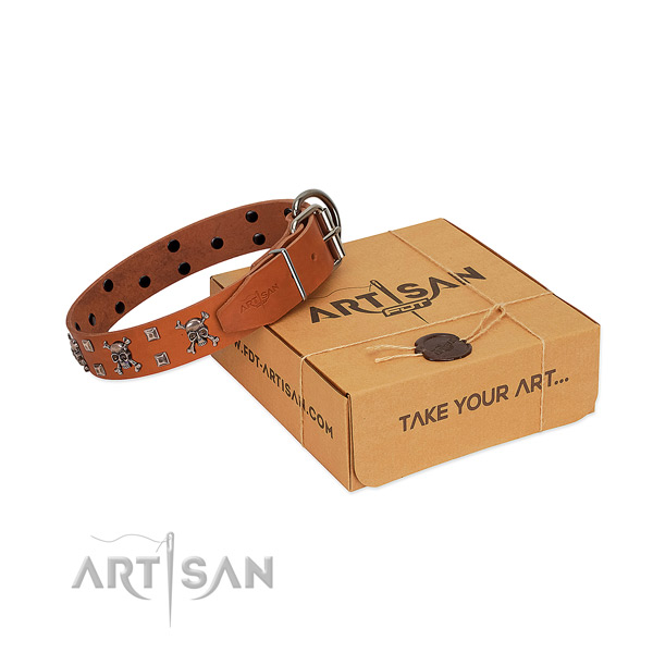 Soft to touch natural leather dog collar with rust-proof traditional buckle