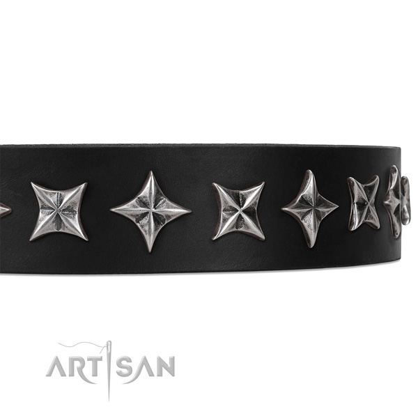 Basic training embellished dog collar of quality genuine leather