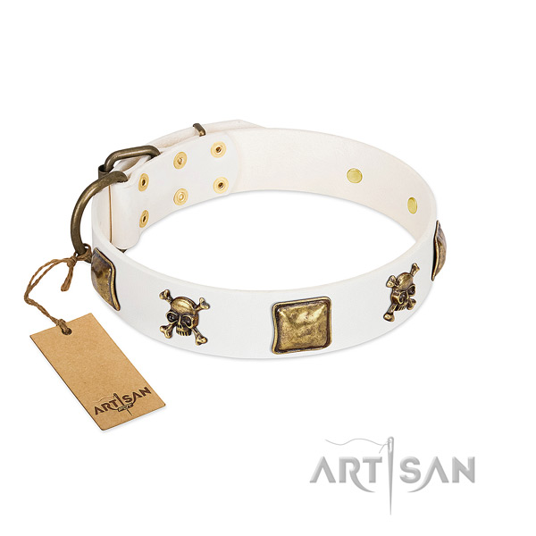 Unusual full grain leather dog collar with reliable decorations