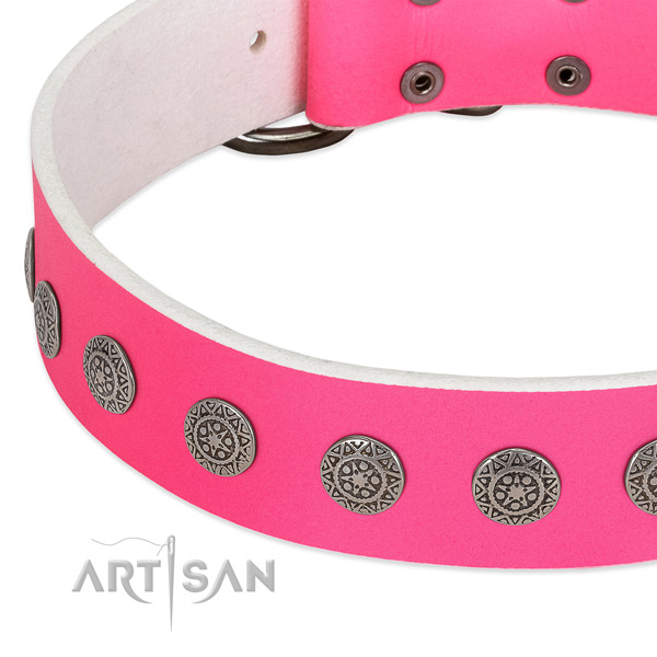 Impressive full grain genuine leather collar with embellishments for your pet